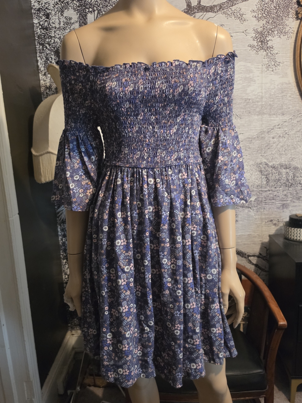 NWT Arizona Jean Co Blue Floral Smocked Off The Shoulder Mini Boho Dress M